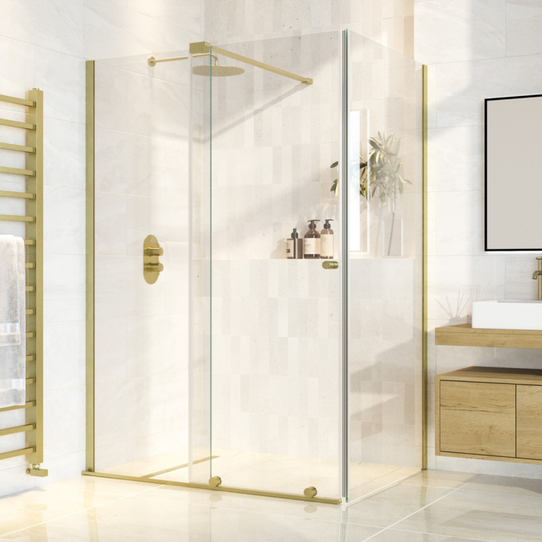 L SHAPE FRAMELESS SHOWER DOOR GOLD 60″ X 72″ (60″ X 72″)